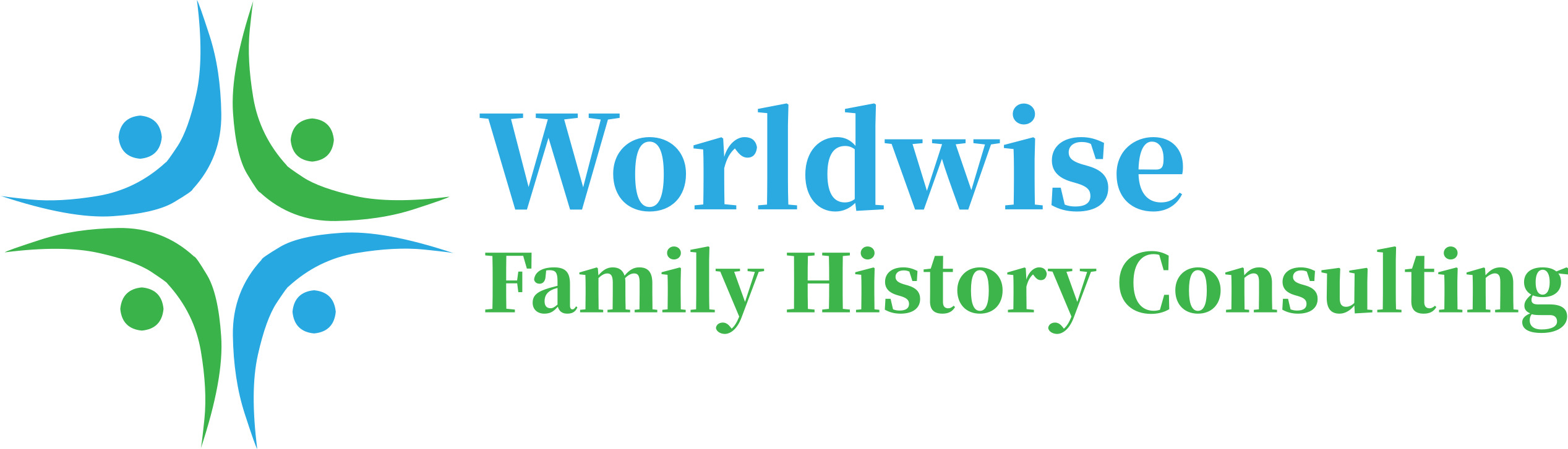 Worldwise Family History Consulting logo. Two people with long curly green arms extending behind them, their hands reachin...