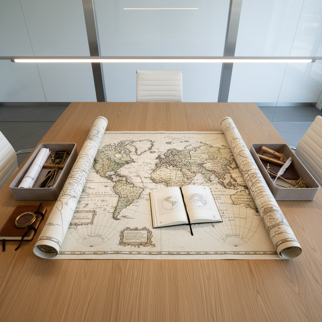 A vintage world map printed on quality textured canvas, its muted earth tones and fine details carefully highlighted, unfurled across a smooth oak conference table flanked by neutral-toned organizers and archival tools. The modern consulting office setting includes clean white walls and brushed steel accents, reinforcing an efficient, organized space. Indirect, cool LED lighting creates a balanced, shadow-free workspace with defined, clear lines. The mood is orderly and contemplative, designed to inspire a sense of exploration and discovery. The shot is taken from an elevated angle, following the rule of thirds for composition, with photographic realism and a structured, corporate feel.