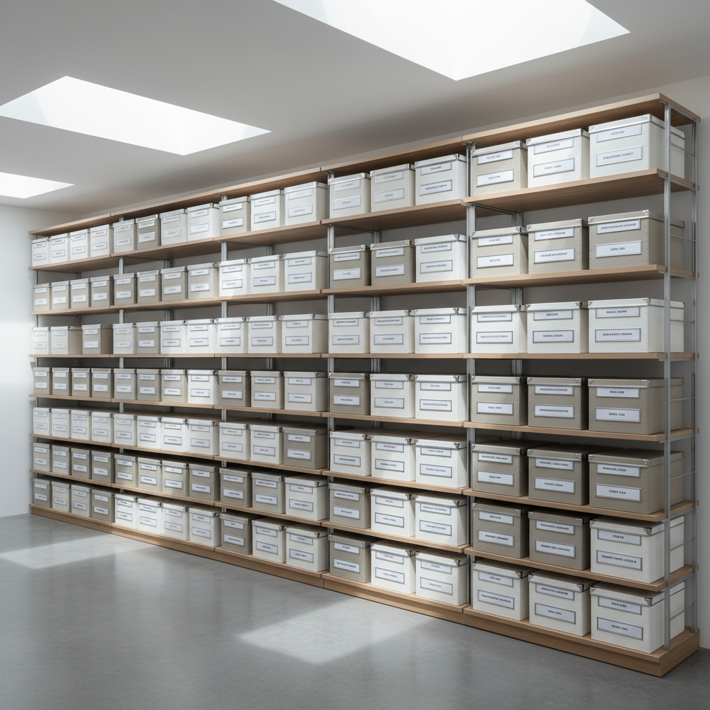 An array of carefully labeled archival storage boxes in shades of white, taupe, and soft grey, stacked neatly on streamlined, built-in shelving along a pristine office wall. Some boxes have visible metal label holders, emphasizing order and structure. The surrounding environment is open and uncluttered, with a matte-finish concrete floor and touches of brushed aluminum. Natural daylight from skylights above bathes the scene, casting crisp but gentle shadows along the box edges. The mood is calm, precise, and efficient, captured in a wide-angle eye-level shot with sharp focus, reinforcing a clean, corporate and photographic style.