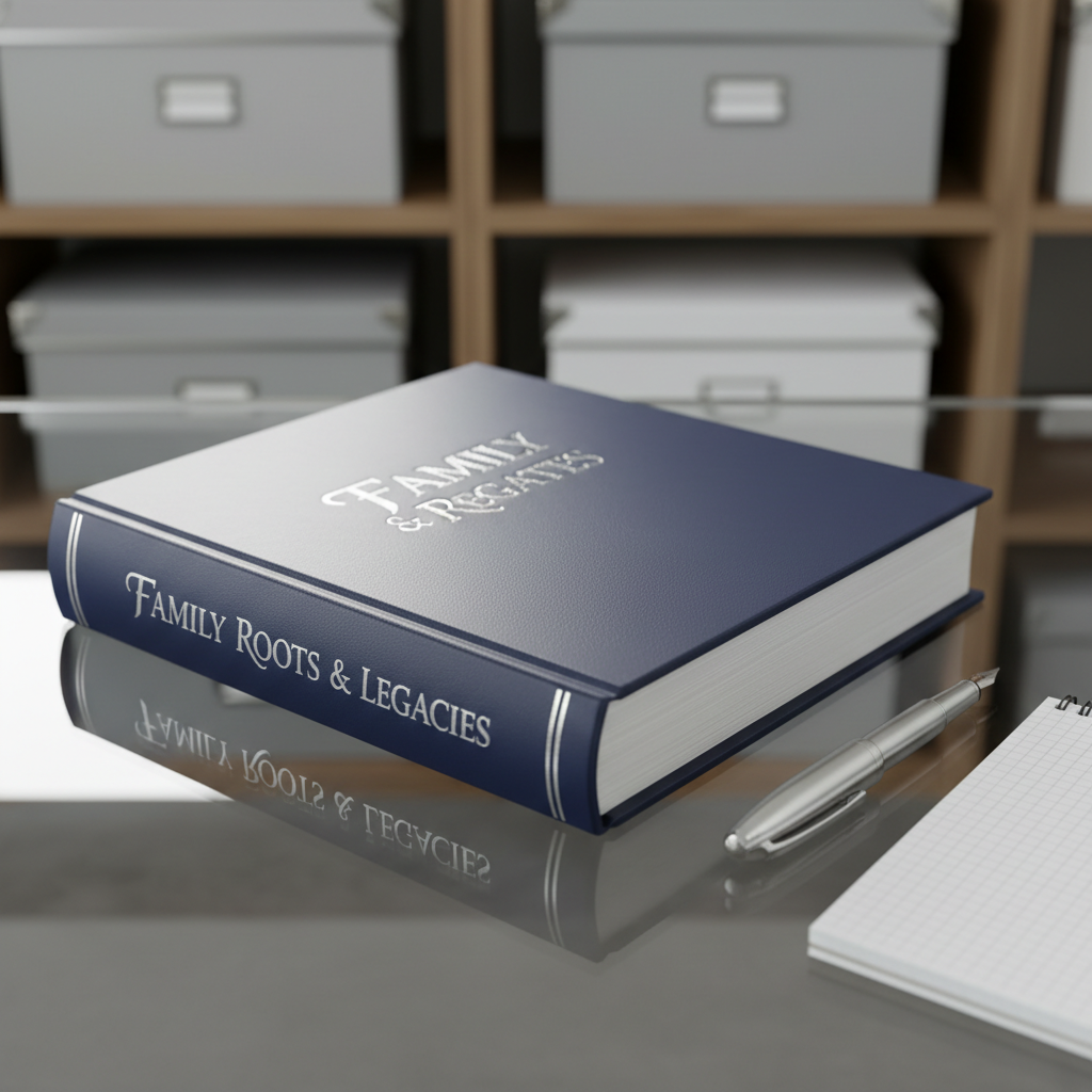 A close-up of an intricately bound navy-blue genealogy research book, its embossed silver title catching light, placed atop a sleek glass-topped desk. Next to the book are a chrome fountain pen and minimalist notepad, all arranged with deliberate precision. The background features a blurred array of neutral file boxes on composed shelving, reinforcing tidiness. Soft studio lighting illuminates the scene, creating gentle gradients and a subtle reflective shine on the book cover. The mood is sophisticated and focused, with the photographic image shot at a slightly elevated angle and shallow depth of field, aligning with a modern, professional aesthetic for business consulting.