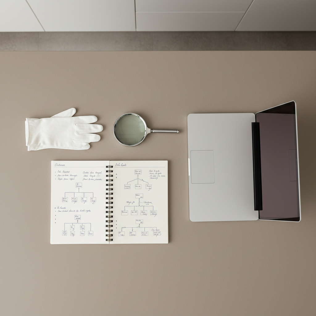 A precise flatlay composition of genealogy research tools on a sleek taupe workspace: a magnifying glass with a polished metal frame, archival gloves, a spiral notebook with elegant handwriting, and a pale grey laptop partially open, screen off. Each item is perfectly aligned, with subtle color harmony throughout. The setting is a contemporary consulting office with clean, seamless countertops, and the lighting is soft, indirect daylight, eliminating glare and emphasizing clarity. The image exudes professionalism and methodical attention to detail, captured from a direct overhead angle in a balanced, photographic layout, embodying the consulting firm’s structured approach.