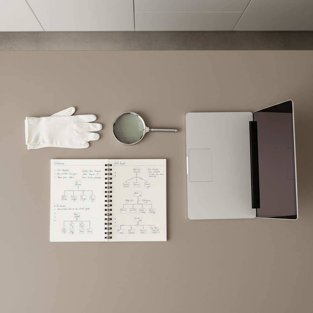 A precise flatlay composition of genealogy research tools on a sleek taupe workspace: a magnifying glass with a polished metal frame, archival gloves, a spiral notebook with elegant handwriting, and a pale grey laptop partially open, screen off. Each item is perfectly aligned, with subtle color harmony throughout. The setting is a contemporary consulting office with clean, seamless countertops, and the lighting is soft, indirect daylight, eliminating glare and emphasizing clarity. The image exudes professionalism and methodical attention to detail, captured from a direct overhead angle in a balanced, photographic layout, embodying the consulting firm’s structured approach.